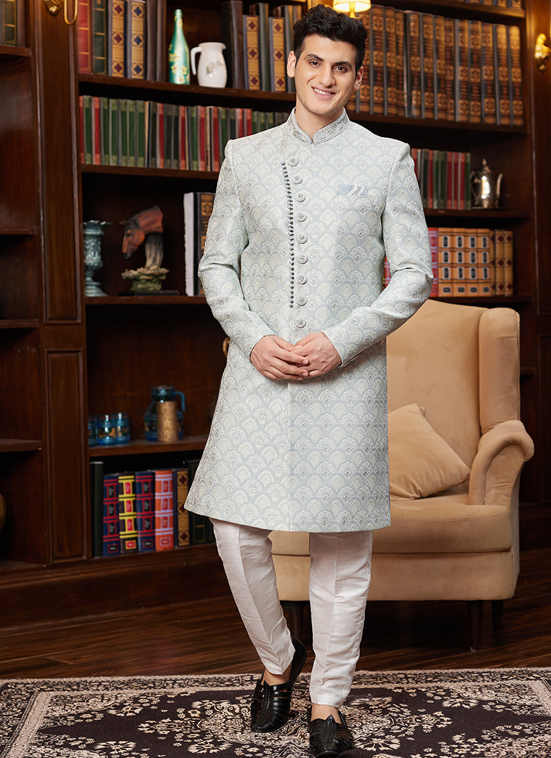 Jacquard Silk Sky Blue Wedding Wear Hand Work Readymade Sherwani 366884