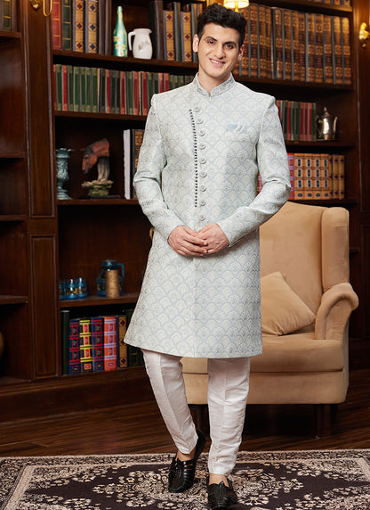 Jacquard Silk Sky Blue Wedding Wear Hand Work Readymade Sherwani 366884