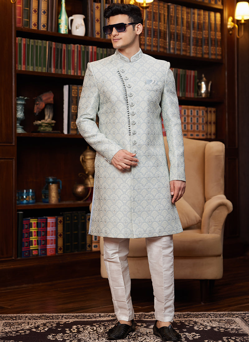 Jacquard Silk Sky Blue Wedding Wear Hand Work Readymade Sherwani 366884