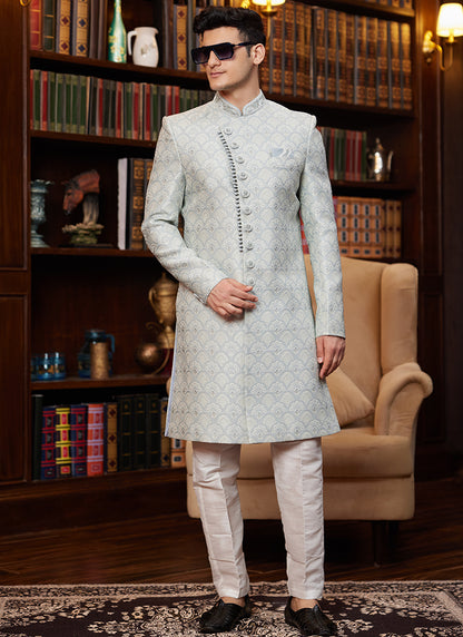 Jacquard Silk Sky Blue Wedding Wear Hand Work Readymade Sherwani 366884