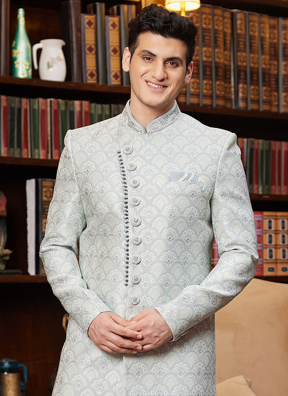 Jacquard Silk Sky Blue Wedding Wear Hand Work Readymade Sherwani 366884