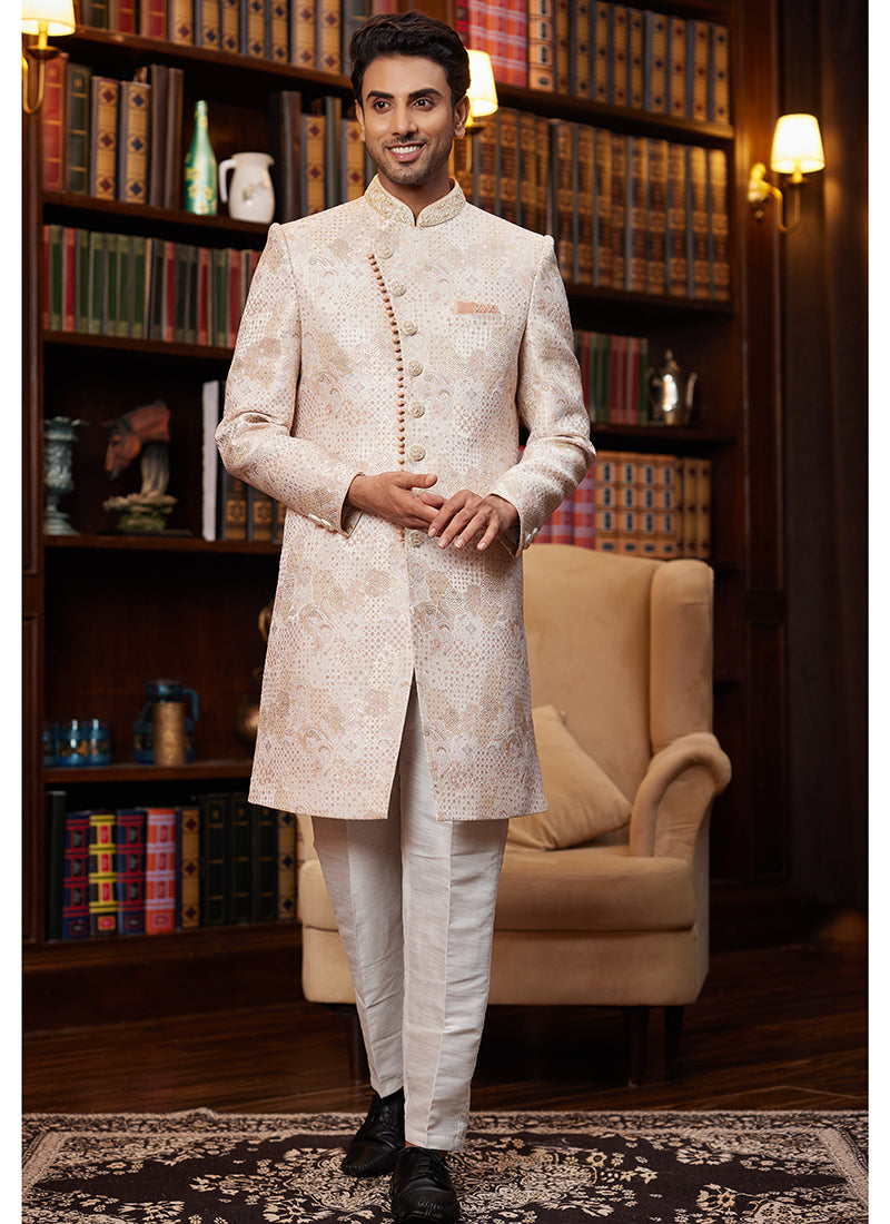 Jacquard Silk Peach Wedding Wear Hand Work Readymade Sherwani 366885