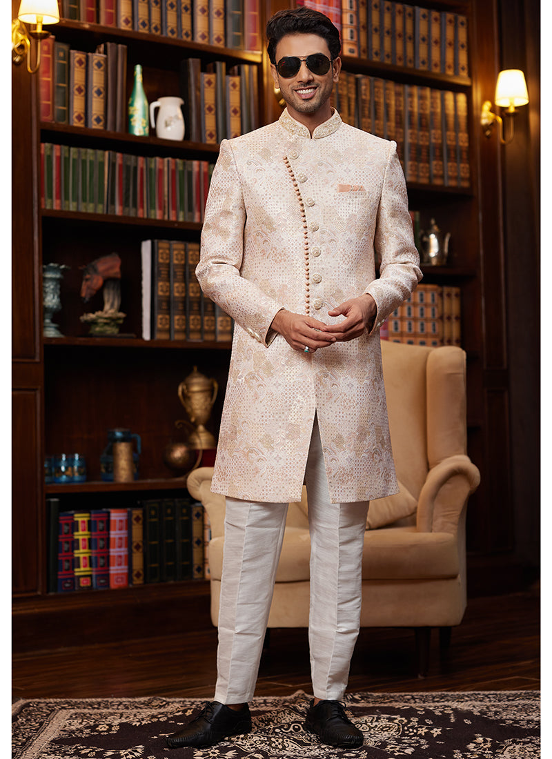 Jacquard Silk Peach Wedding Wear Hand Work Readymade Sherwani 366885