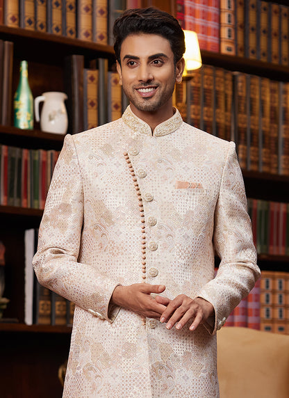 Jacquard Silk Peach Wedding Wear Hand Work Readymade Sherwani 366885