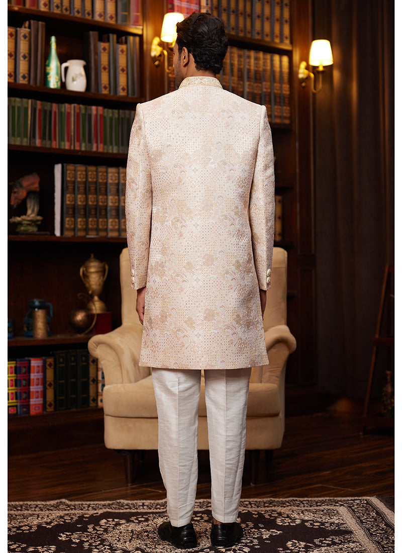 Jacquard Silk Peach Wedding Wear Hand Work Readymade Sherwani 366885