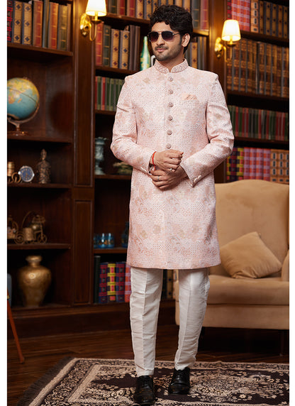 Jacquard Silk Light Pink Wedding Wear Hand Work Readymade Sherwani 366886