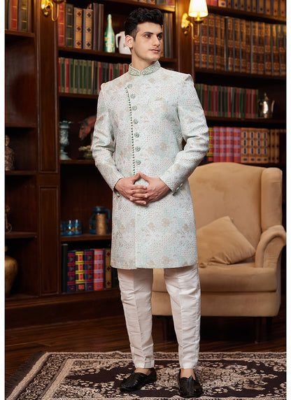 Jacquard Silk Light Sky Blue Wedding Wear Hand Work Readymade Sherwani 366887