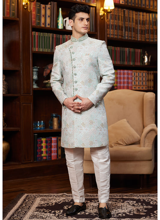 Jacquard Silk Light Sky Blue Wedding Wear Hand Work Readymade Sherwani 366887
