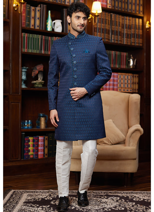 Jacquard Silk Blue Wedding Wear Hand Work Readymade Sherwani 366888