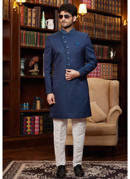 Jacquard Silk Blue Wedding Wear Hand Work Readymade Sherwani 366888