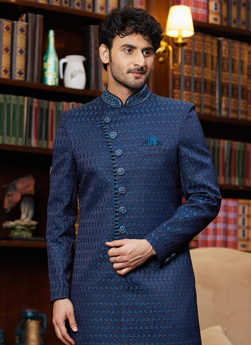 Jacquard Silk Blue Wedding Wear Hand Work Readymade Sherwani 366888
