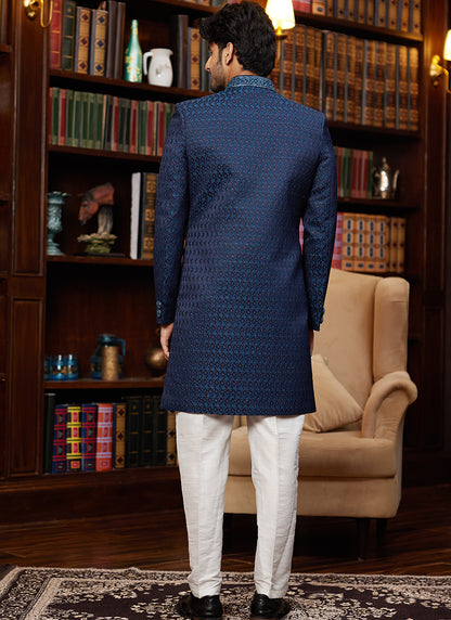 Jacquard Silk Blue Wedding Wear Hand Work Readymade Sherwani 366888