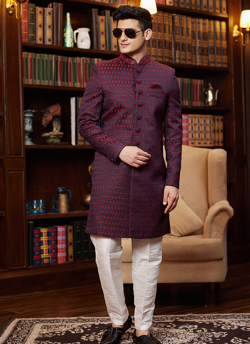 Jacquard Silk Wine Wedding Wear Hand Work Readymade Sherwani 366889