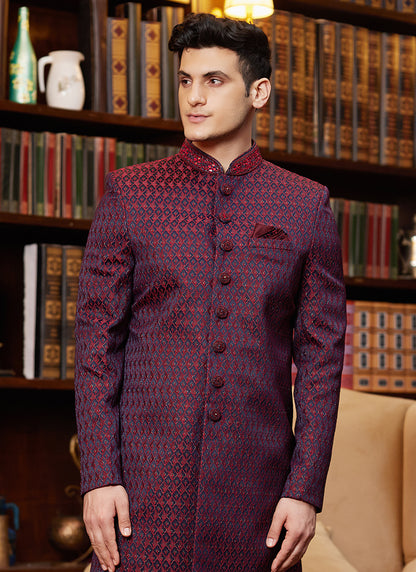 Jacquard Silk Wine Wedding Wear Hand Work Readymade Sherwani 366889
