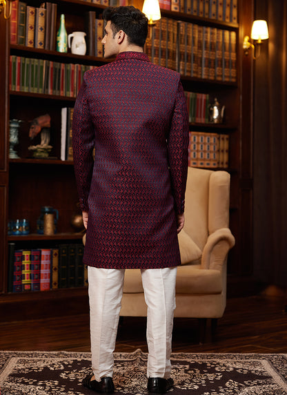 Jacquard Silk Wine Wedding Wear Hand Work Readymade Sherwani 366889