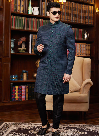 Jacquard Silk Navy Blue Wedding Wear Hand Work Readymade Sherwani 366890
