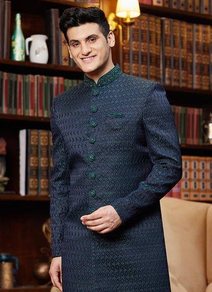 Jacquard Silk Navy Blue Wedding Wear Hand Work Readymade Sherwani 366890