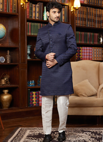 Jacquard Silk Blue Wedding Wear Hand Work Readymade Sherwani 366891