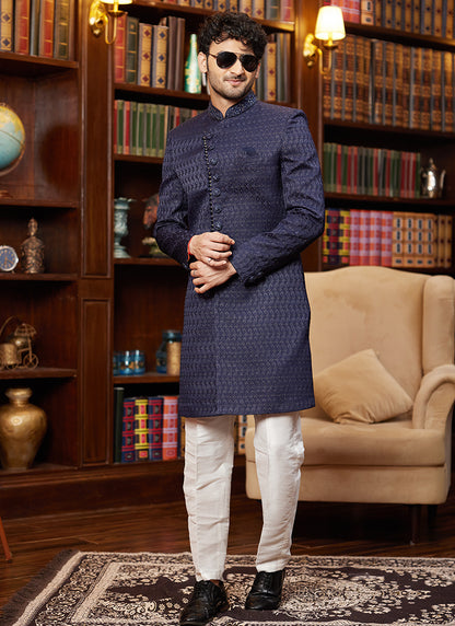 Jacquard Silk Blue Wedding Wear Hand Work Readymade Sherwani 366891