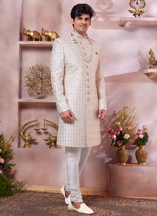 Computer Thread Cream Wedding Wear Embroidery Work Readymade Sherwani 373763