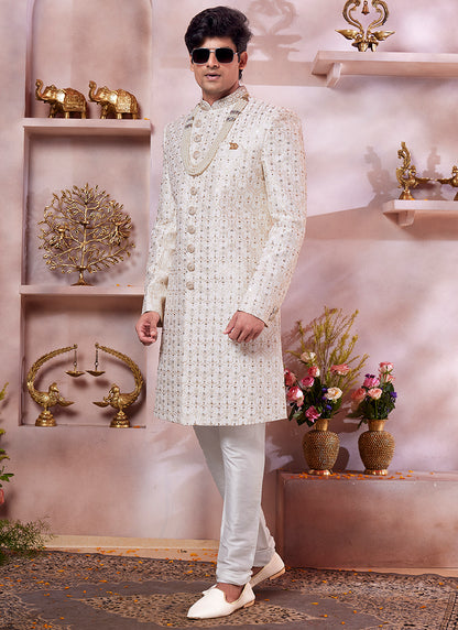 Computer Thread Cream Wedding Wear Embroidery Work Readymade Sherwani 373763