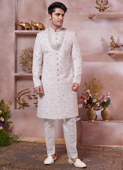Computer Thread Cream Wedding Wear Embroidery Work Readymade Sherwani 373764