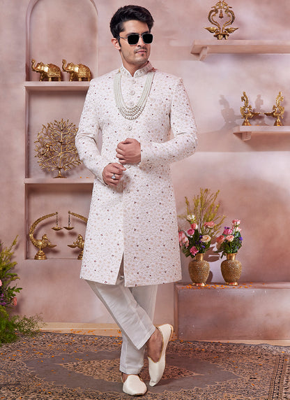 Computer Thread Cream Wedding Wear Embroidery Work Readymade Sherwani 373764