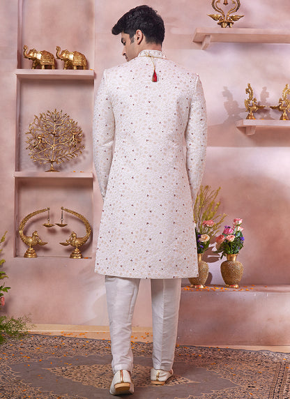 Computer Thread Cream Wedding Wear Embroidery Work Readymade Sherwani 373764