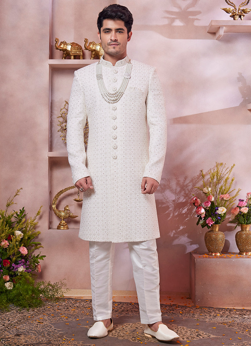 Computer Thread Cream Wedding Wear Embroidery Work Readymade Sherwani 373765