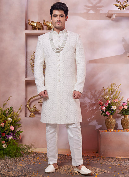 Computer Thread Cream Wedding Wear Embroidery Work Readymade Sherwani 373765
