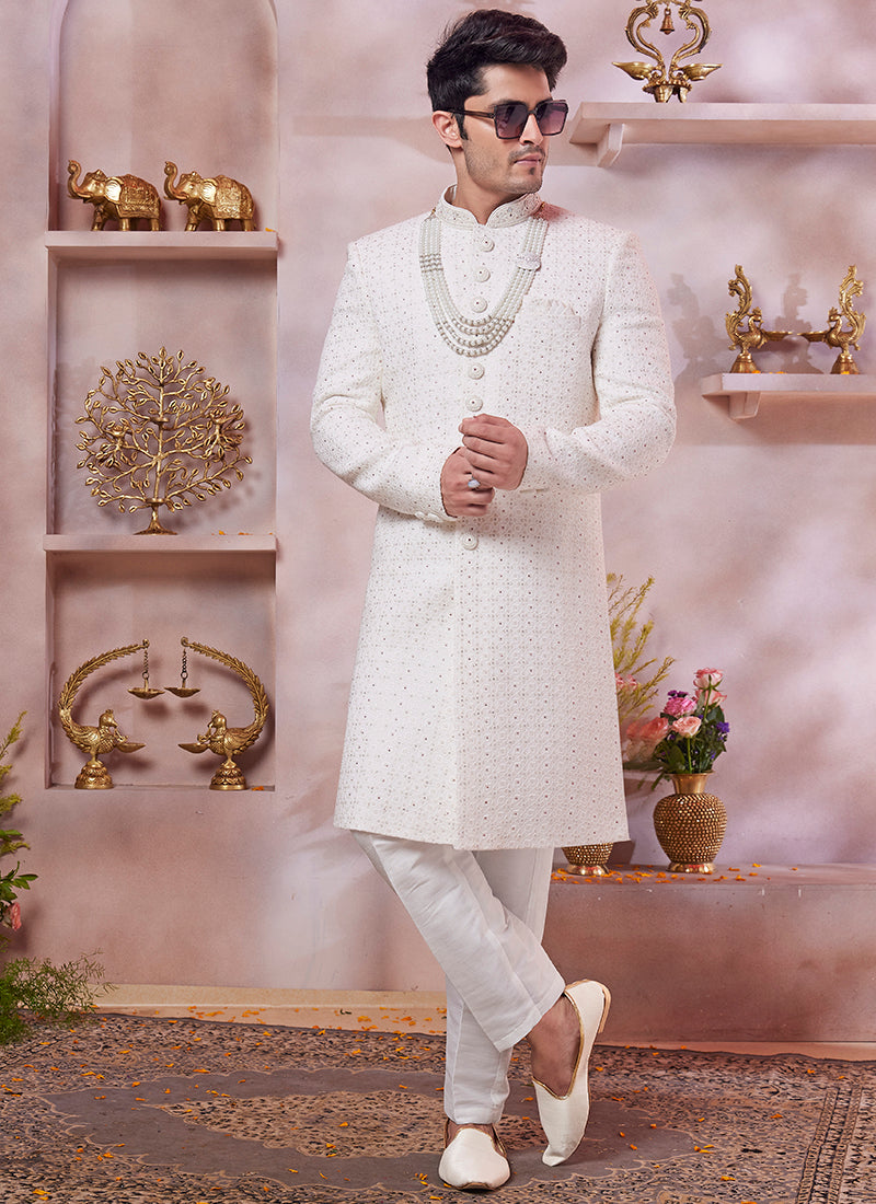 Computer Thread Cream Wedding Wear Embroidery Work Readymade Sherwani 373765