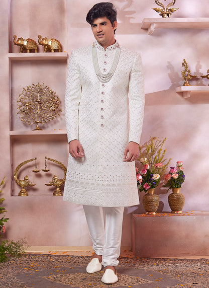 Computer Thread Cream Wedding Wear Embroidery Work Readymade Sherwani 373766