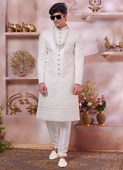 Computer Thread Cream Wedding Wear Embroidery Work Readymade Sherwani 373766