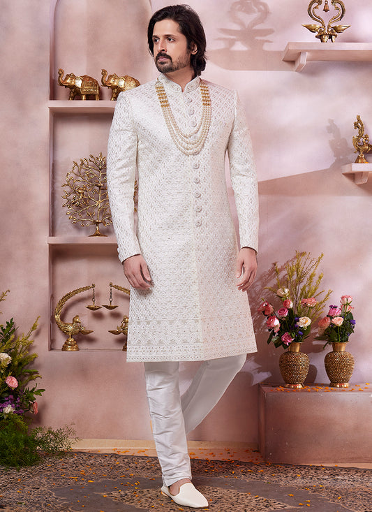 Computer Thread Cream Wedding Wear Embroidery Work Readymade Sherwani 373767