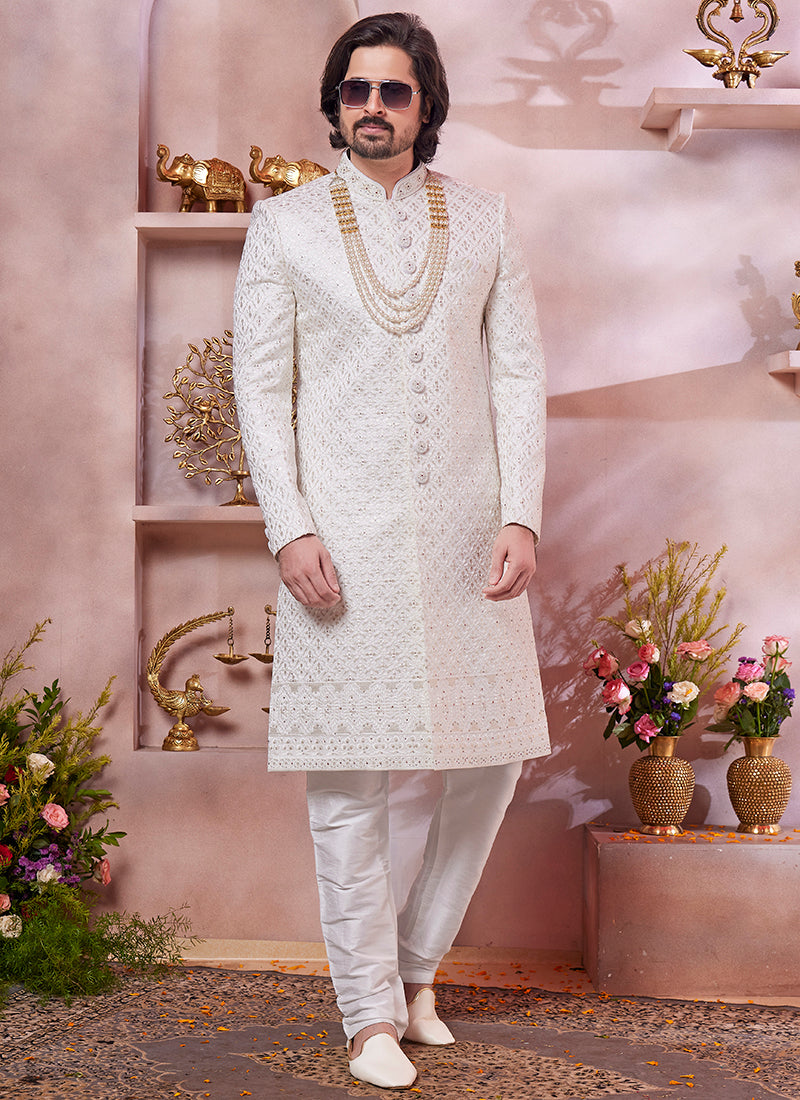Computer Thread Cream Wedding Wear Embroidery Work Readymade Sherwani 373767