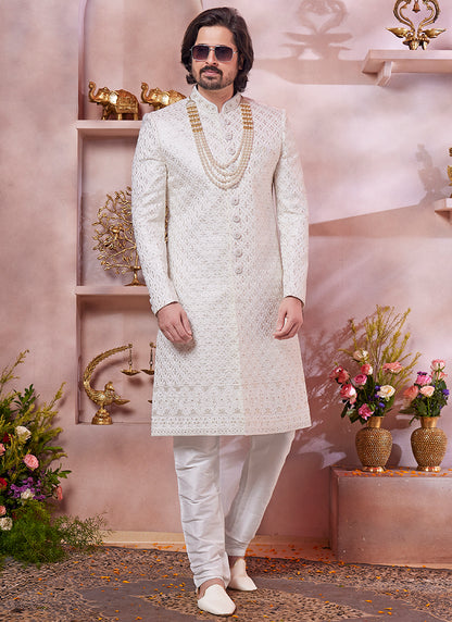 Computer Thread Cream Wedding Wear Embroidery Work Readymade Sherwani 373767