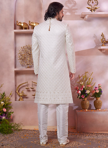 Computer Thread Cream Wedding Wear Embroidery Work Readymade Sherwani 373767