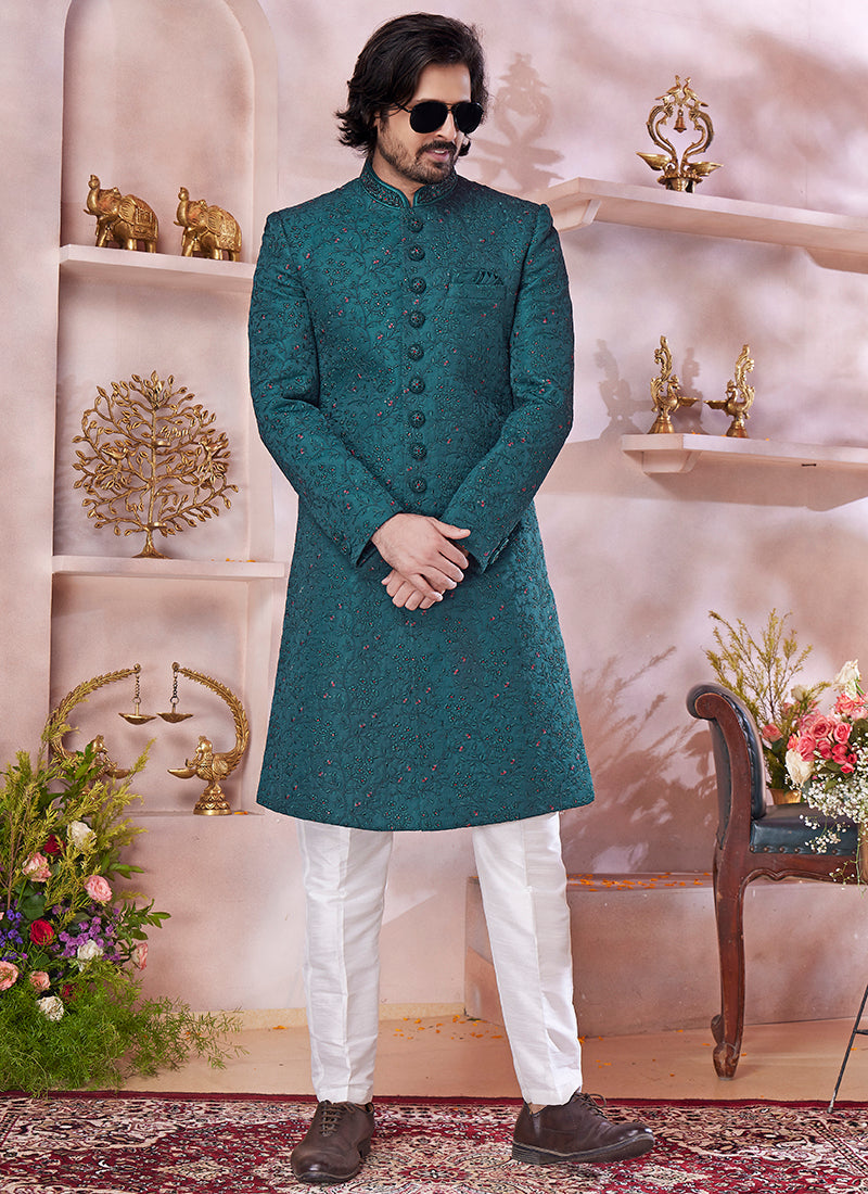 Computer Thread Green Wedding Wear Embroidery Work Readymade Sherwani 373768