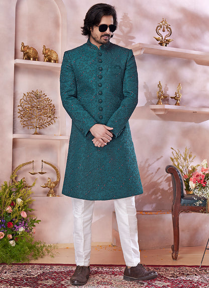 Computer Thread Green Wedding Wear Embroidery Work Readymade Sherwani 373768