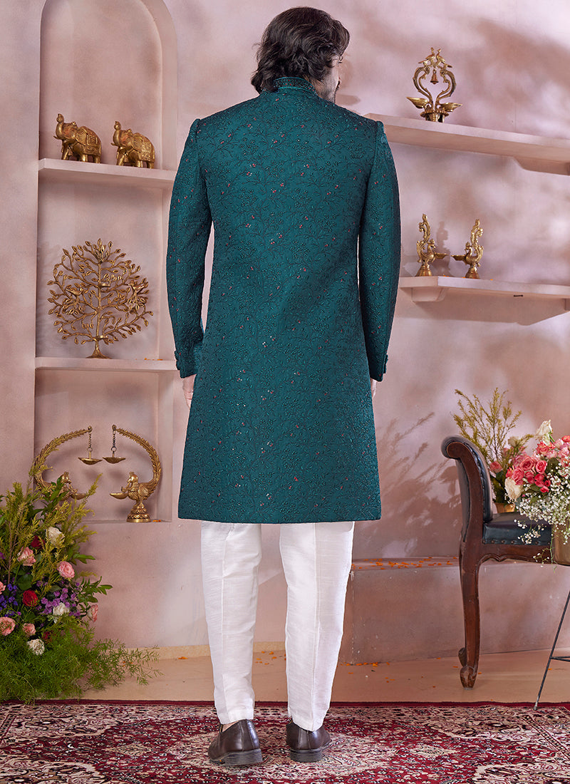 Computer Thread Green Wedding Wear Embroidery Work Readymade Sherwani 373768