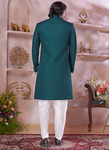 Computer Thread Green Wedding Wear Embroidery Work Readymade Sherwani 373768