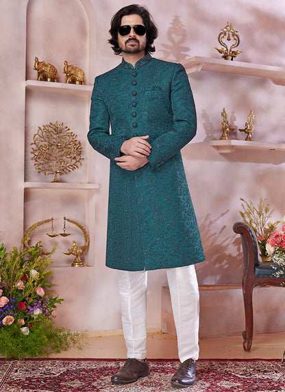 Computer Thread Green Wedding Wear Embroidery Work Readymade Sherwani 373768