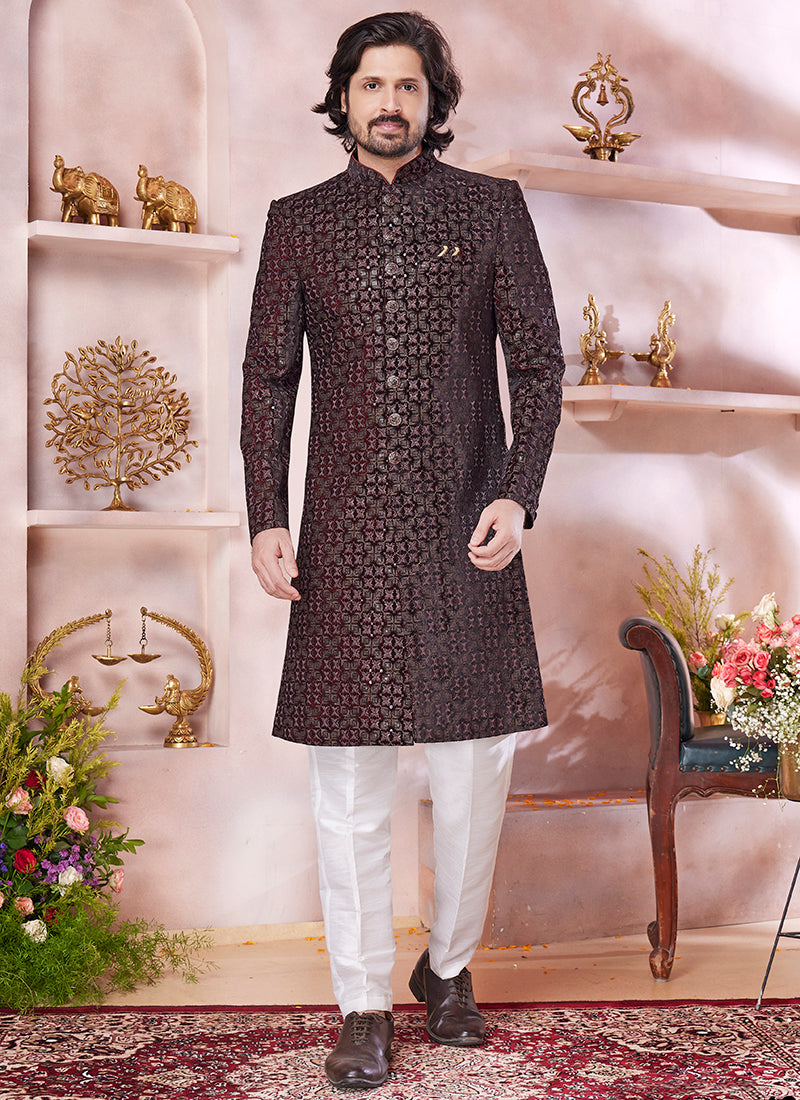 Computer Thread Maroon Wedding Wear Embroidery Work Readymade Sherwani 373769