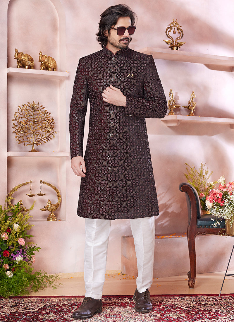 Computer Thread Maroon Wedding Wear Embroidery Work Readymade Sherwani 373769