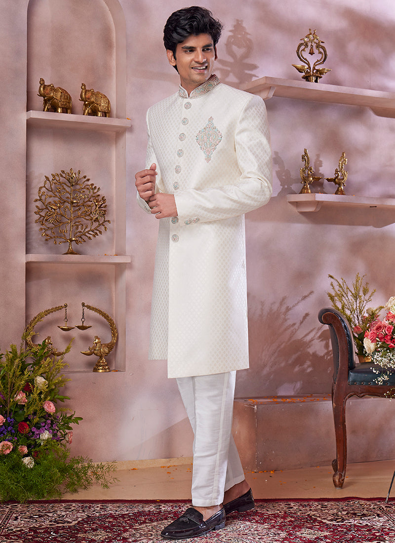 Jaquard Banarasi Silk Cream Wedding Wear Embroidery Work Readymade Sherwani 373770