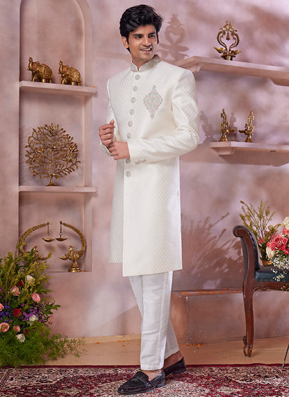 Jaquard Banarasi Silk Cream Wedding Wear Embroidery Work Readymade Sherwani 373770