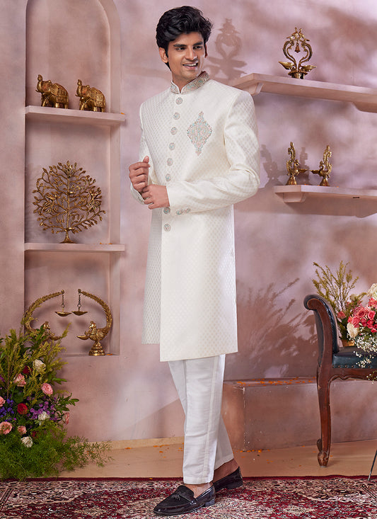 Jaquard Banarasi Silk Cream Wedding Wear Embroidery Work Readymade Sherwani 373770