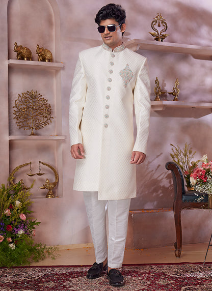 Jaquard Banarasi Silk Cream Wedding Wear Embroidery Work Readymade Sherwani 373770