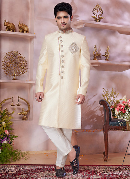 Jaquard Banarasi Silk Golden Wedding Wear Embroidery Work Readymade Sherwani 373771