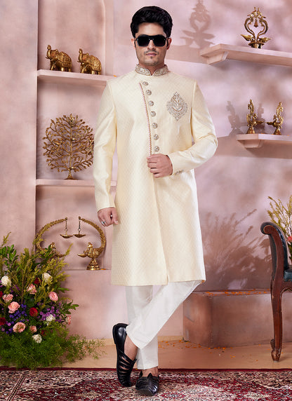 Jaquard Banarasi Silk Golden Wedding Wear Embroidery Work Readymade Sherwani 373771